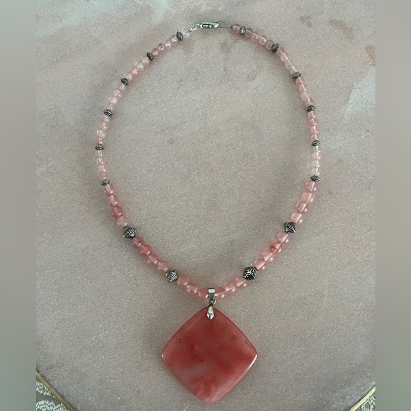 Jewelry - Strawberry Quartz Beaded Necklace with Silver Accents and Square Pendant